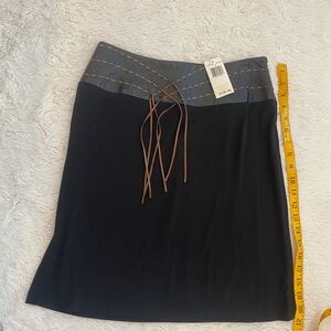 Elegant Black Stretch A-Line Skirt with Leather Belt by Vacco NY